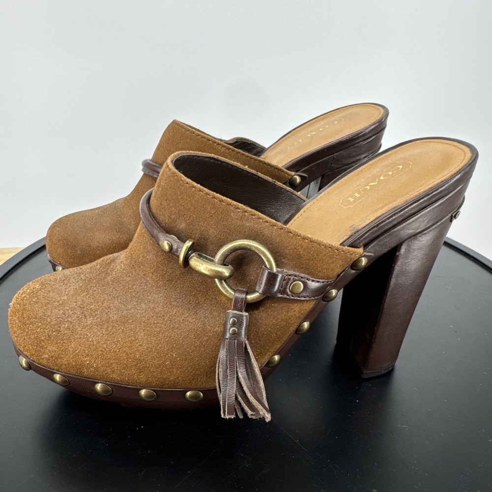 VTG Coach RANA Brown Suede Leather Mule Clogs Studded Tassel Heels Size 7 Boho